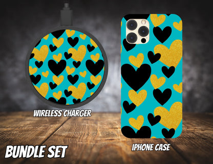 Matching iPhone Case and Wireless Charger- Teal W/Black & Gold Hearts