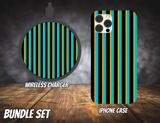 Matching iPhone Case and Wireless Charger- Teal Black Gold Stripes