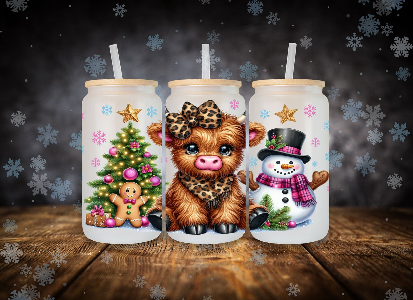 Glass Can Highland Cow Snowman