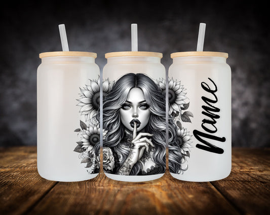 Glass Can- Girl-Sunflowers-Shhh... W/Name