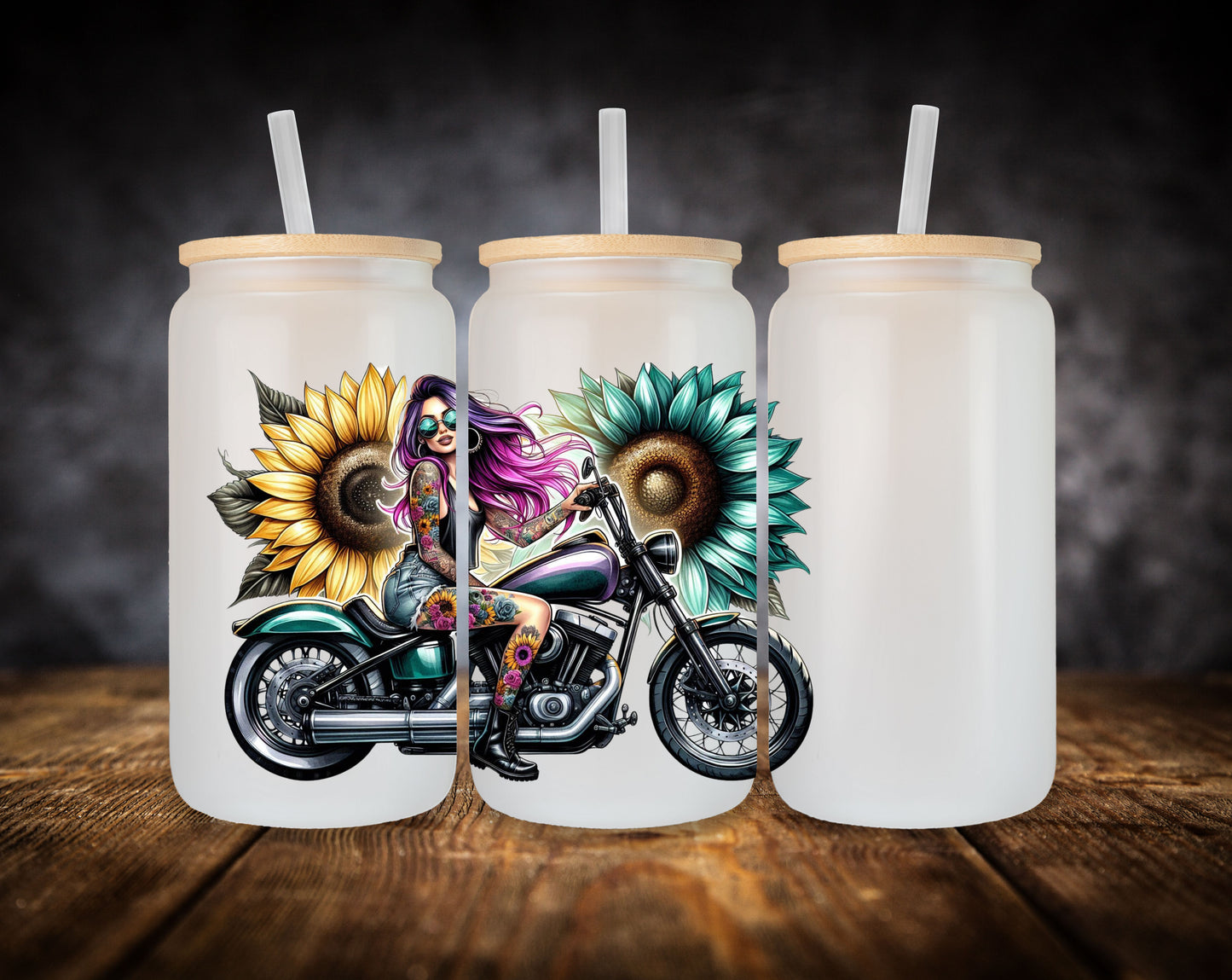Glass Can- Girl-Sunflowers-Motorcycle