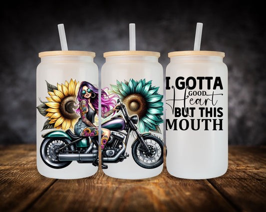 Glass Can- Girl-Sunflowers-Motorcycle
