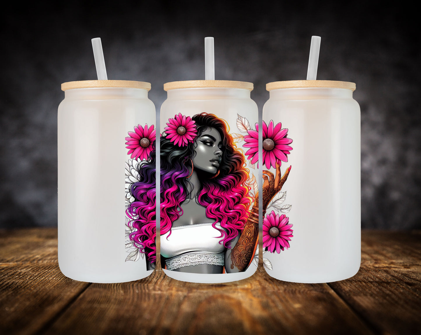 Glass Can- Girl-Pink Hair-Pink Flowers