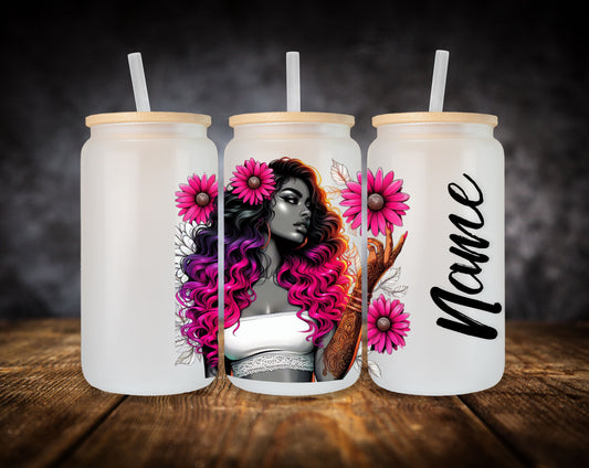 Glass Can- Girl-Pink Hair-Pink Flowers W/Name