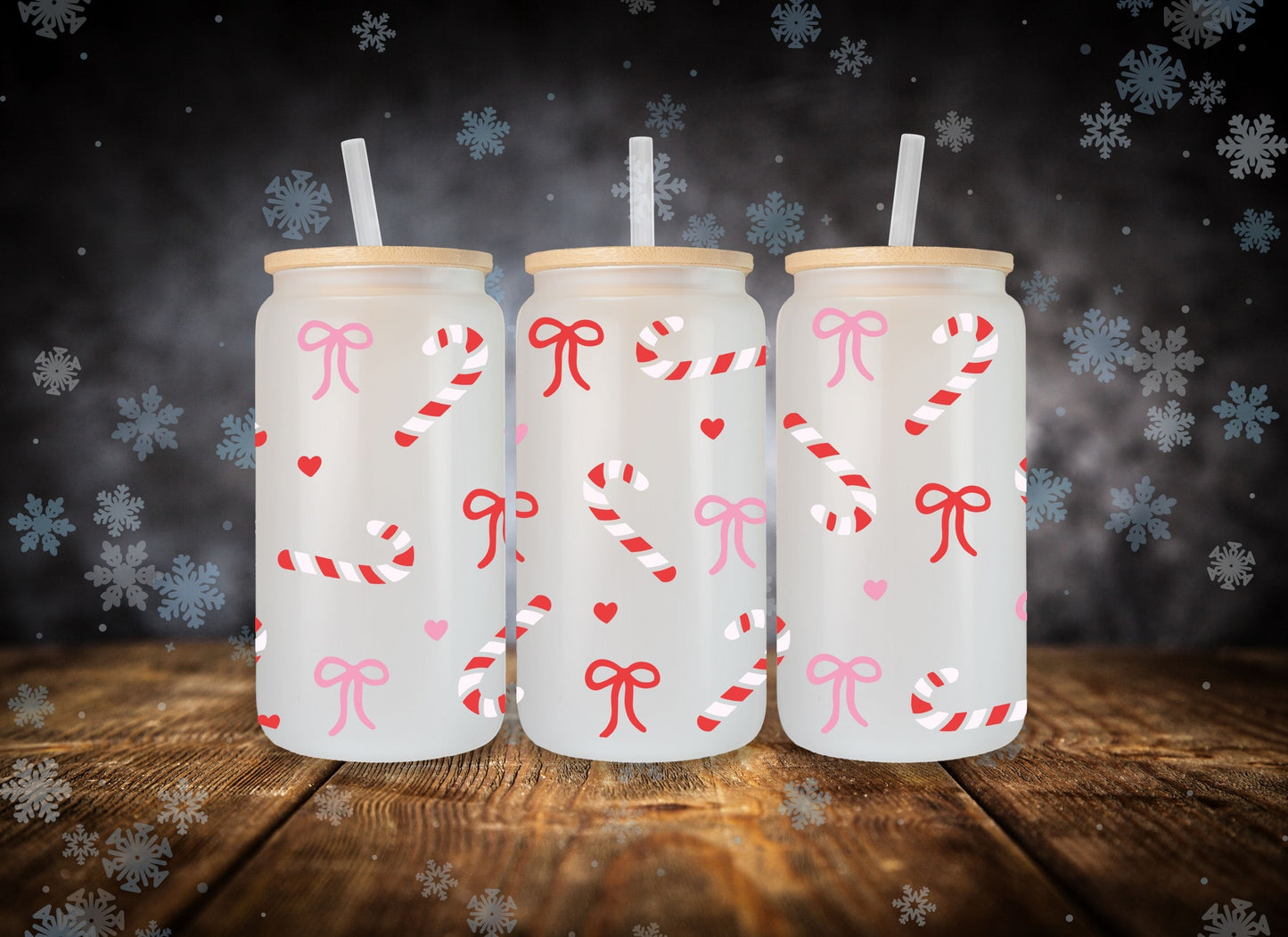 Glass Can Candy Canes and Bows