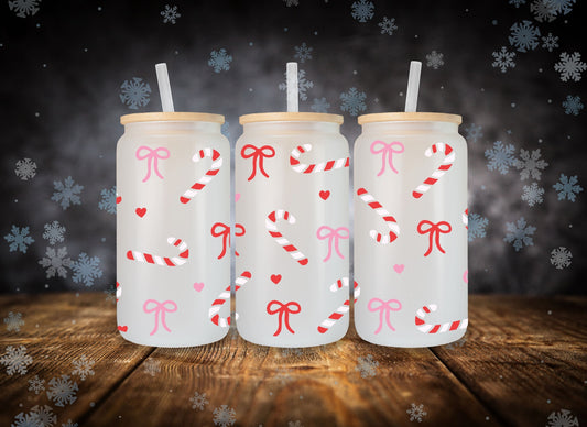 Glass Can Candy Canes and Bows