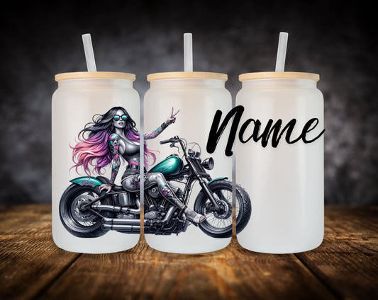 Glass Can-Girl-Motorcycle-Pink Hair W/Name