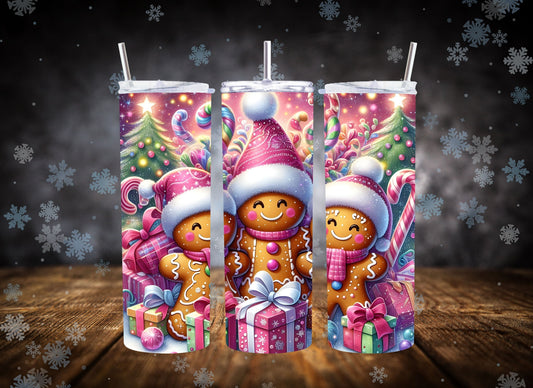 20oz Tumbler Pink Christmas Gingerbread Men