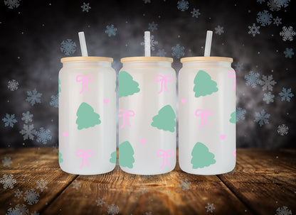 Glass Can Green Christmas Tree Pink Bow