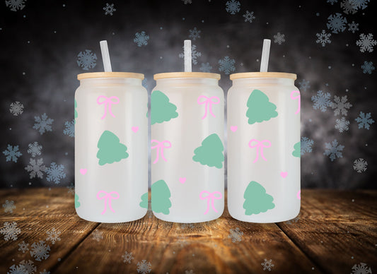 Glass Can Green Christmas Tree Pink Bow