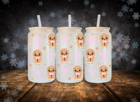 Glass Can Cute Pink Gingerbread Man