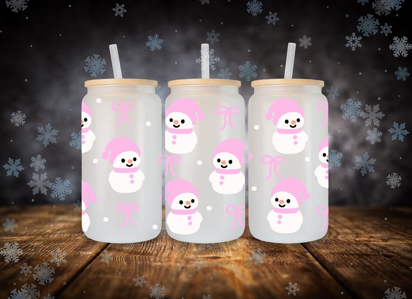 Glass Can Pink Snowman