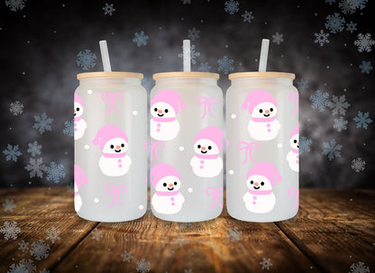 Glass Can Pink Snowman