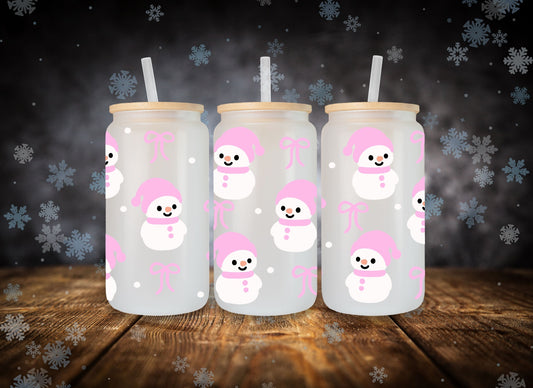 Glass Can Pink Snowman