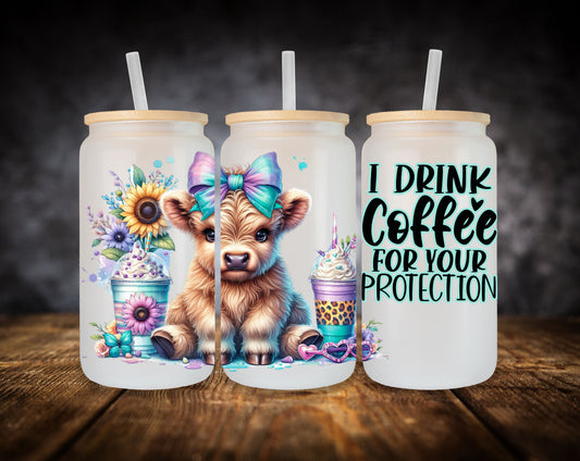Glass Can Highland Cow-Pink and Blue Bow