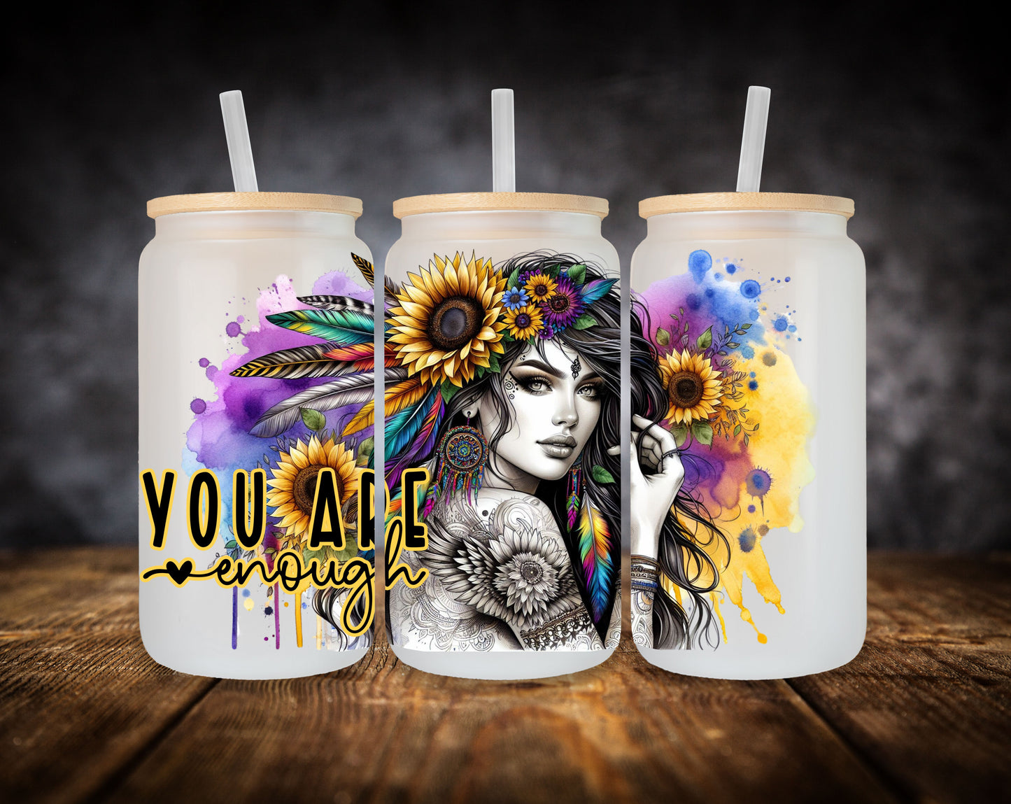 Glass Can- Girl-Boho Feathers-You Are Enough