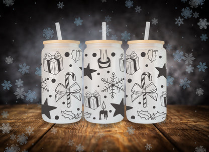 Glass Can Black Christmas Doodles