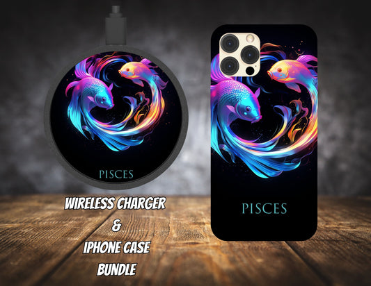 Matching iPhone Case and Wireless Charger- Zodiac Pisces