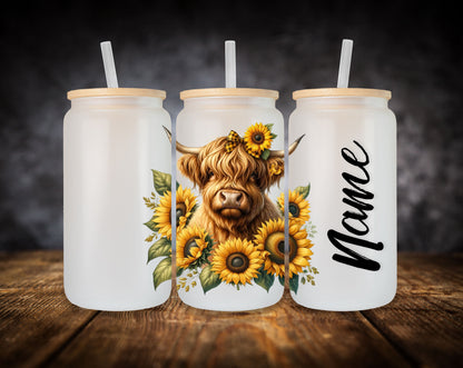 Glass Can- Highland Cow-Sunflowers W/Name