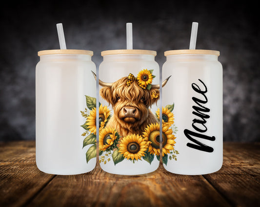 Glass Can- Highland Cow-Sunflowers W/Name
