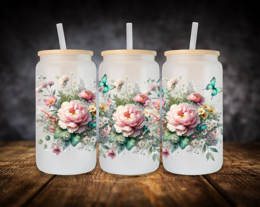 Glass Can-Pink Peony Flowers