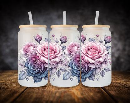 Glass Can- Pink And Blue Roses