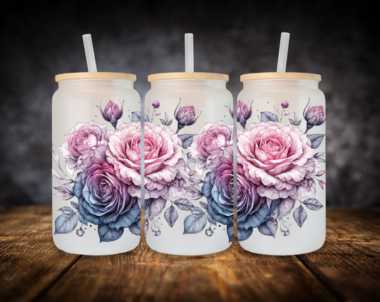 Glass Can- Pink And Blue Roses