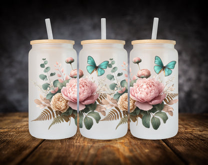 Glass Can- Pink Peony with Butterflies