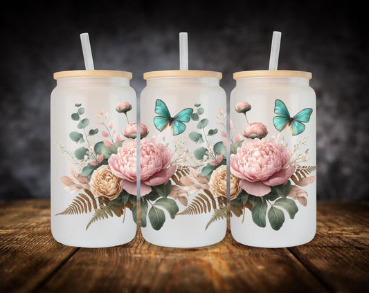 Glass Can- Pink Peony with Butterflies