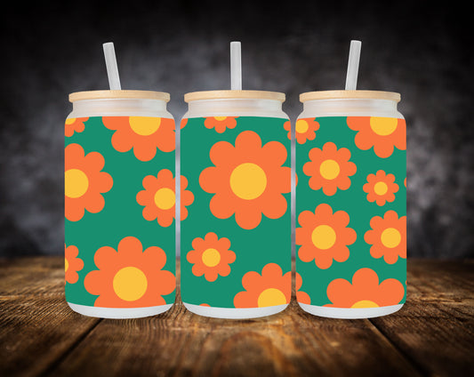 Glass Can- Retro Floral Pattern-Orange