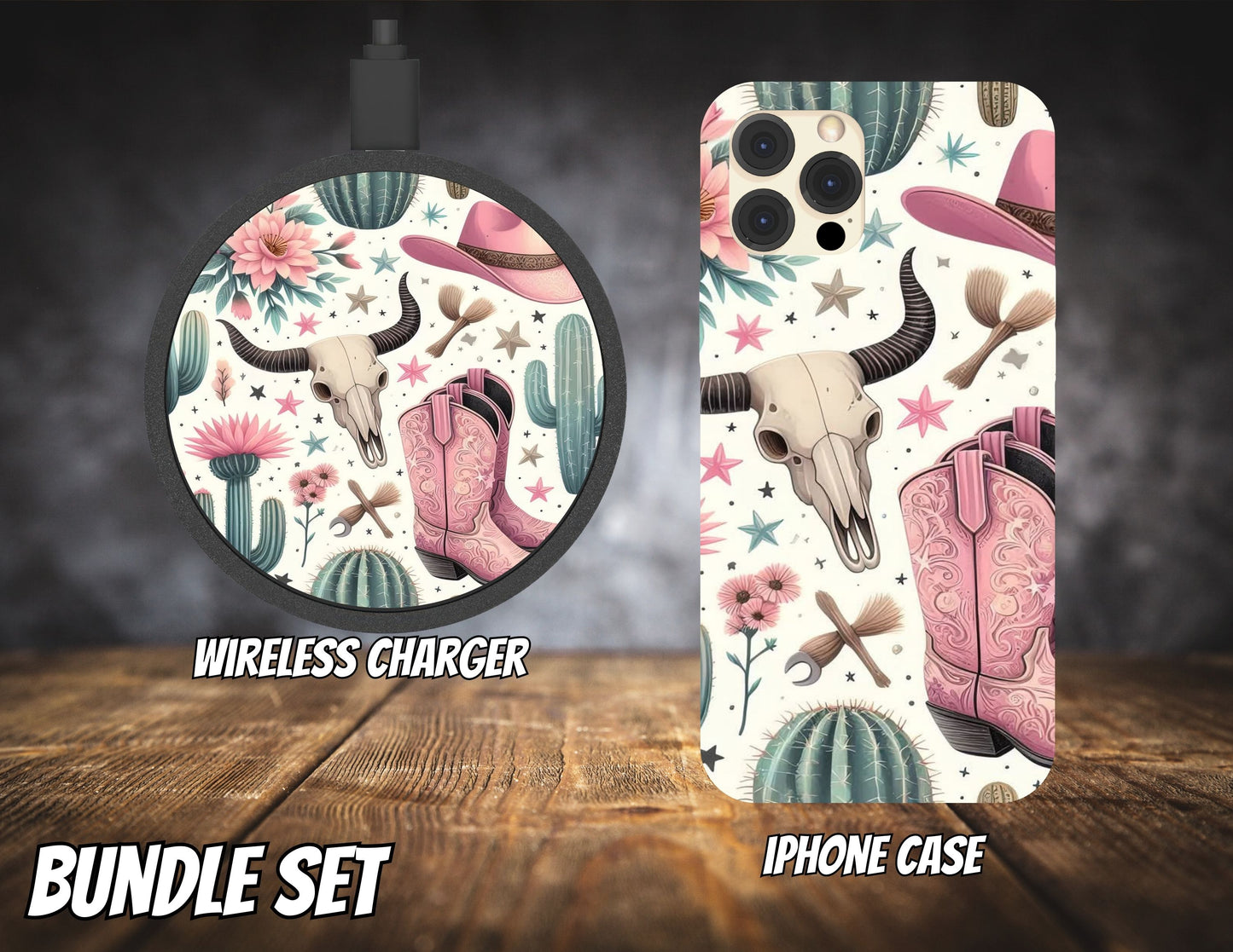 Matching iPhone Case and Wireless Charger- Pink Cowgirl
