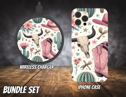 Matching iPhone Case and Wireless Charger- Pink Cowgirl