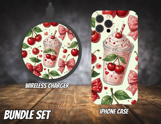 Matching iPhone Case and Wireless Charger- Cherries and Bows Coffee
