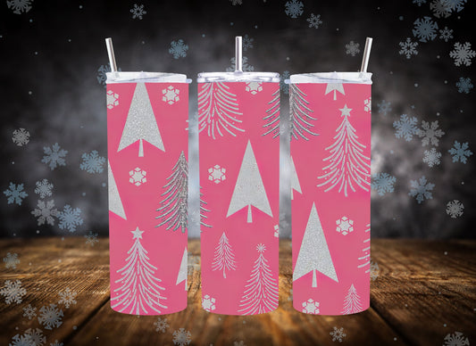 20oz Tumbler  Pink and Silver Christmas Tree