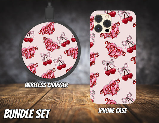 Matching iPhone Case and Wireless Charger-Lovers Lie Cherries
