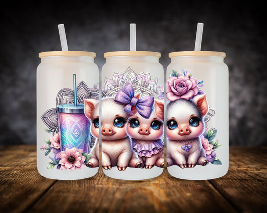 Glass Can- Cute Piglets-Purple Bow
