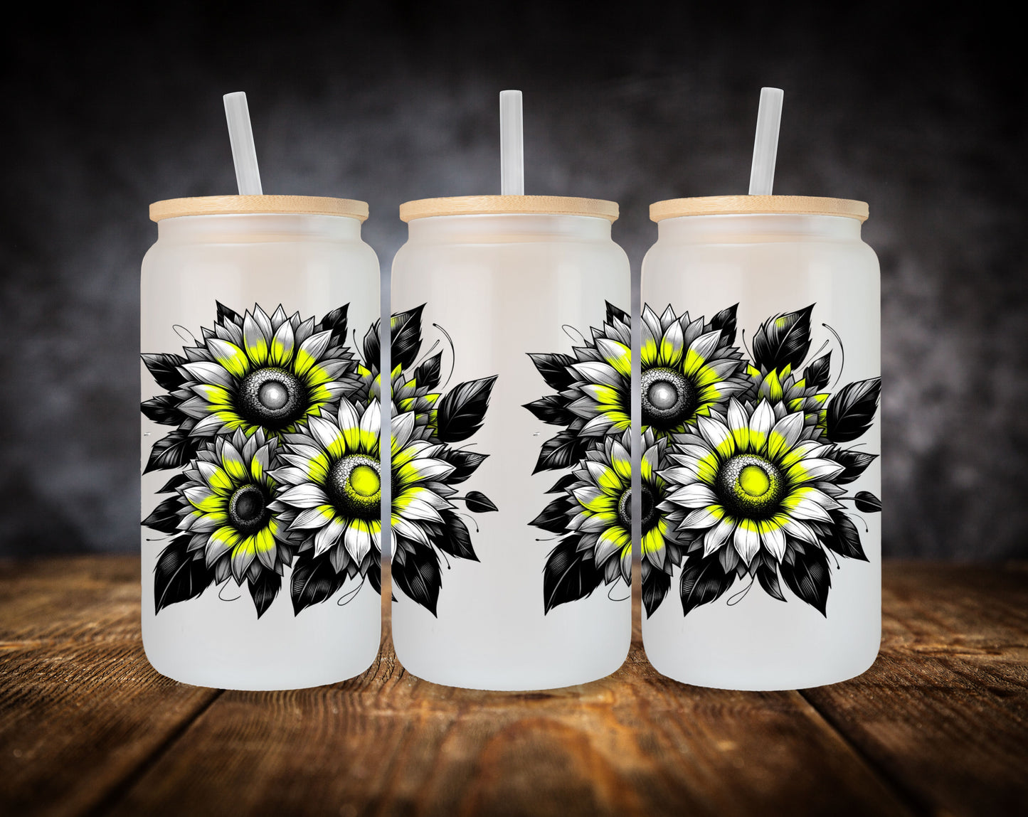 Glass Can-Black-White-Yellow-Sunflowers
