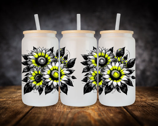 Glass Can-Black-White-Yellow-Sunflowers