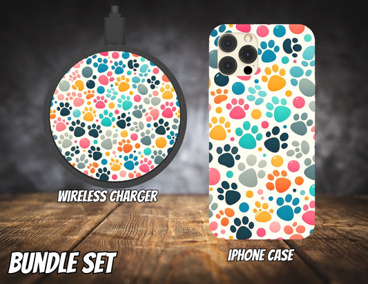 Matching iPhone Case and Wireless Charger- Colorful Pet Paws
