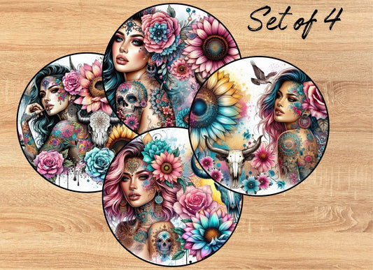 Drink Coaster- Tattoo Ladies with Flowers