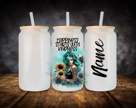 Glass Can- Girl-Blue Hair-Happiness Starts With Kindness W/Name