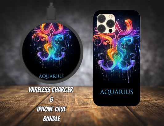 Matching iPhone Case and Wireless Charger- Zodiac Aquarius