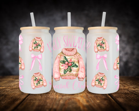 Glass Can- Pink Christmas