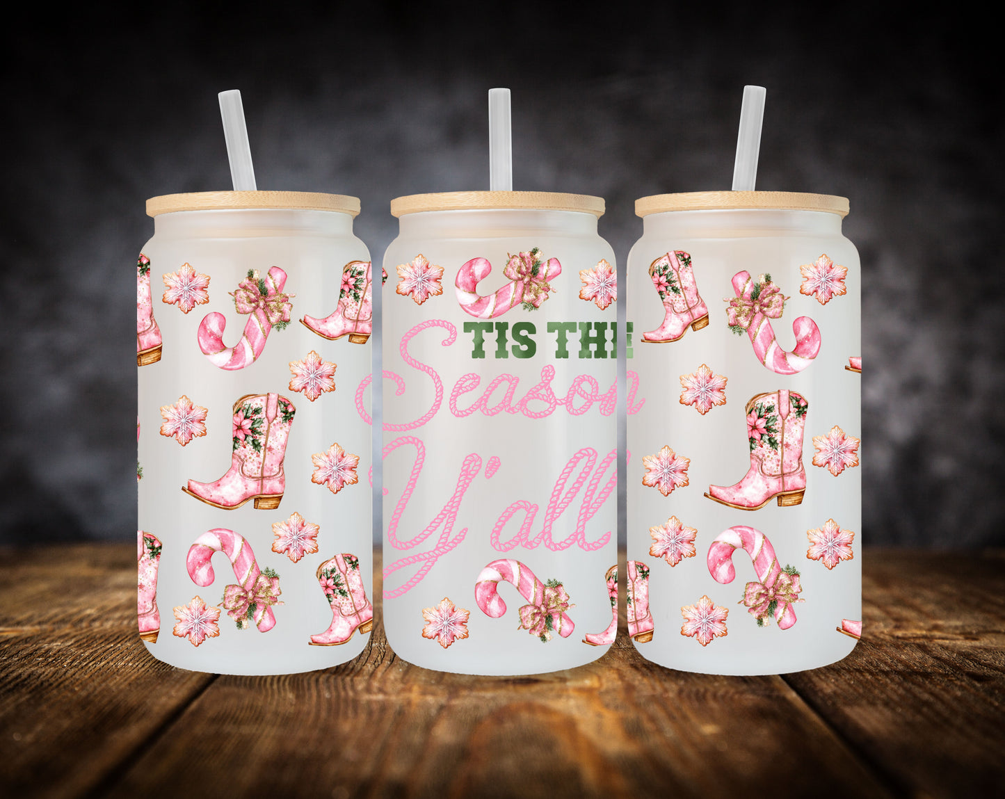 Glass Can- Pink Christmas