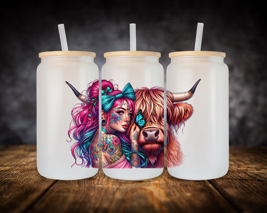 Glass Can- Girl-Highland Cow-Pink Hair