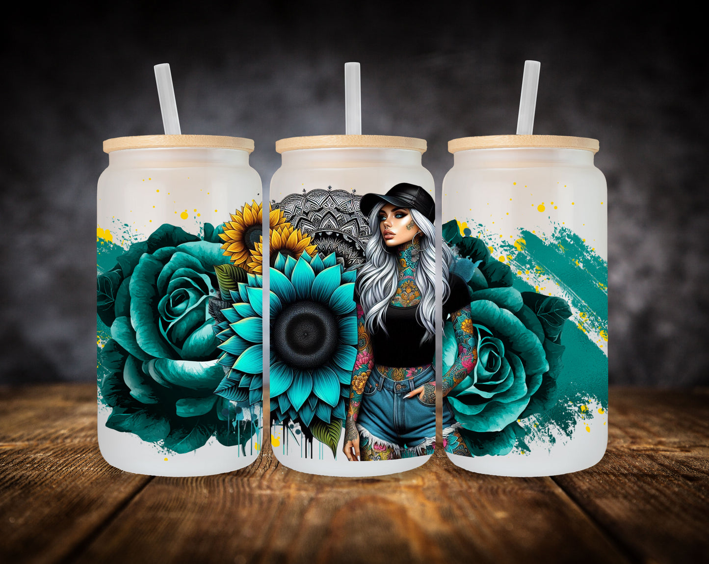 Glass Can- Girl-Teal Flowers