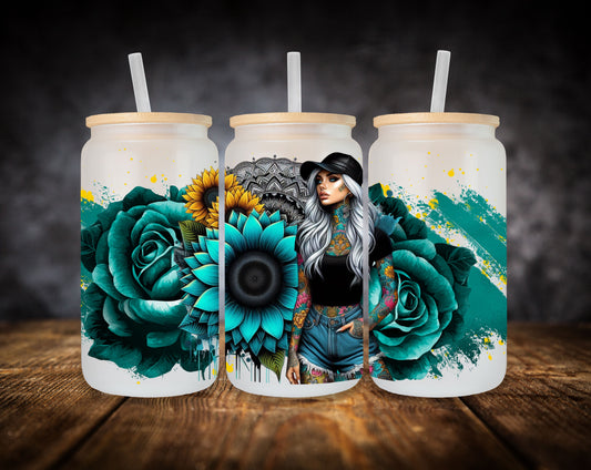 Glass Can- Girl-Teal Flowers