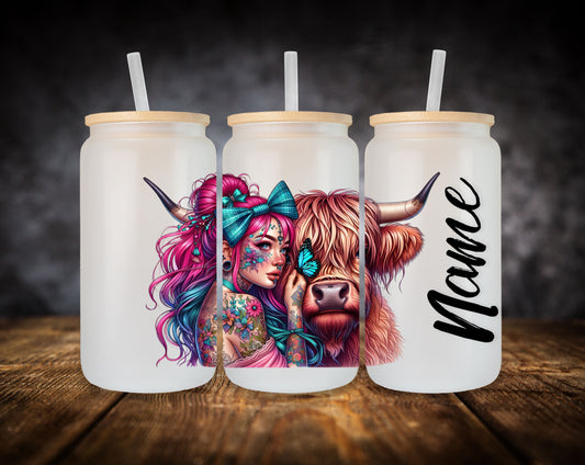Glass Can- Girl-Highland Cow-Pink Hair W/Name