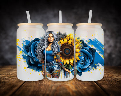 Glass Can- Girl-Blue Flowers