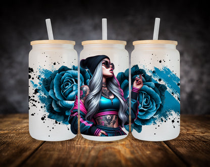 Glass Can- Girl-Blue Flowers